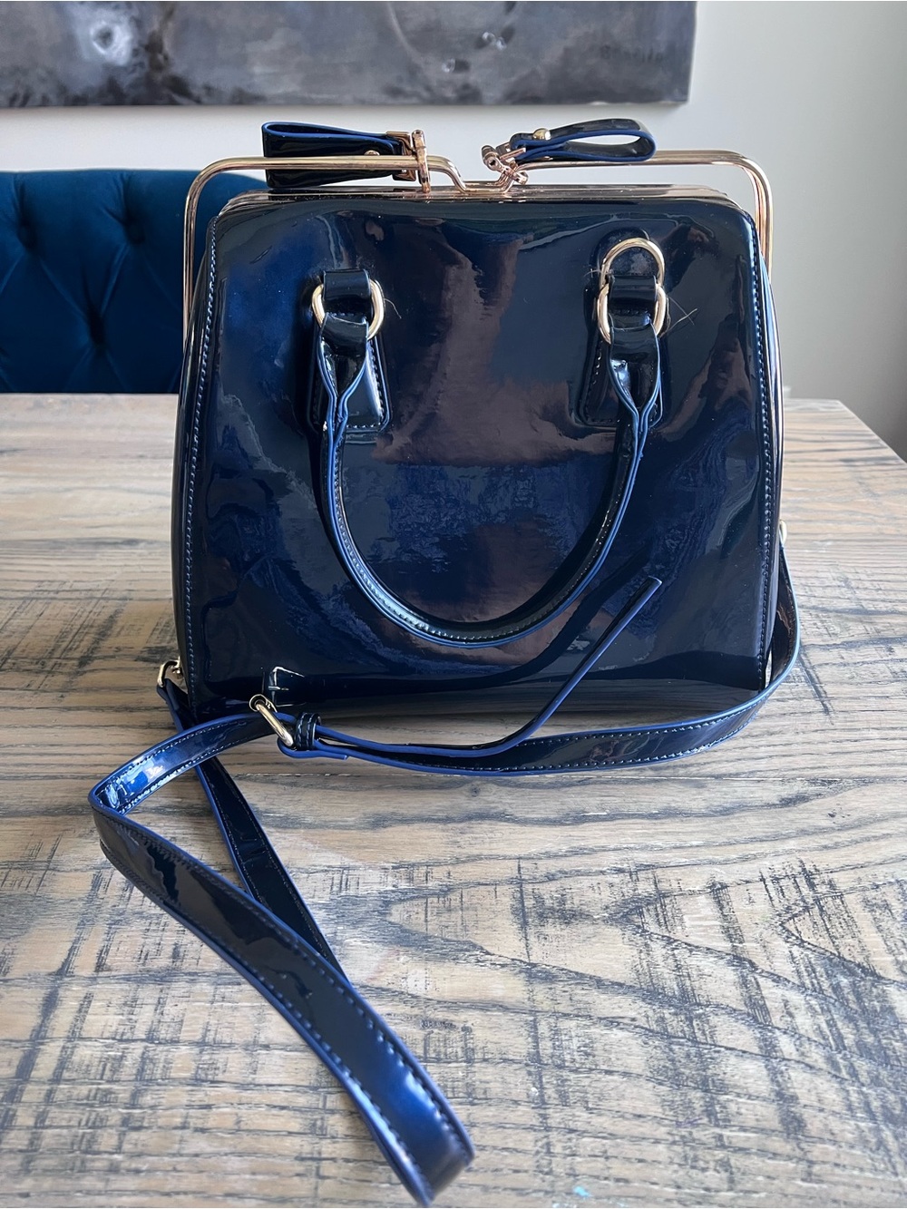 Patent Leather Satchel Handbag in Deep Navy